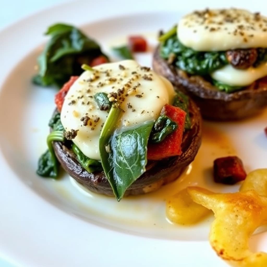 Portobello fylt med pølse, spinat og røkt mozzarella