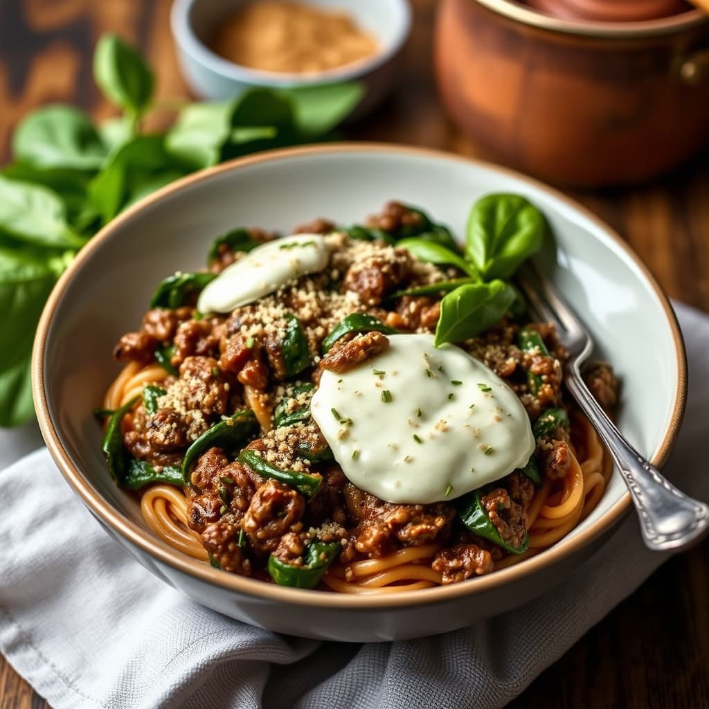 Portobello- og spinatbolognese
