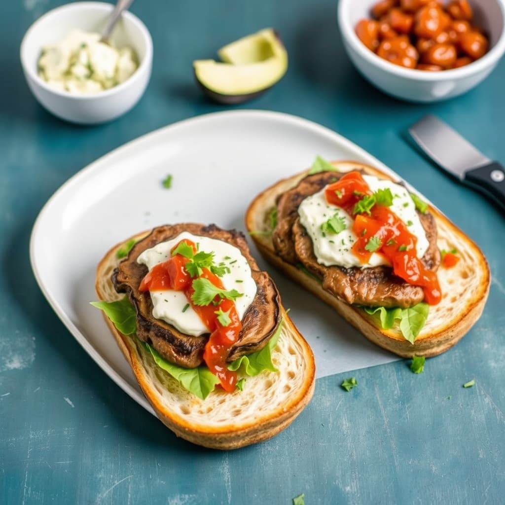 Portobello "Steak" Sandwiches med Gorgonzola-smør og Rødpepper-Vinaigrette