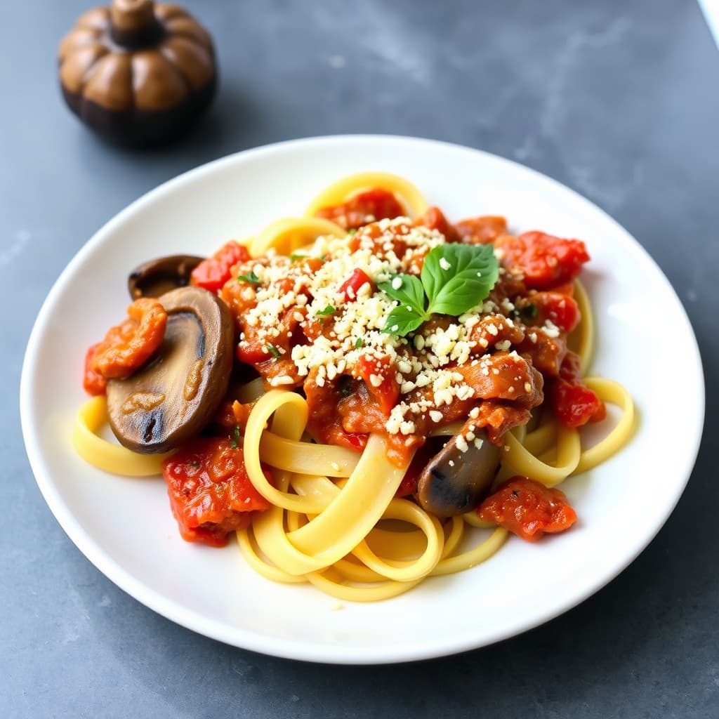 Portobellobasert sopp, ragu med sterk og søt paprika, servert med pappardelle
