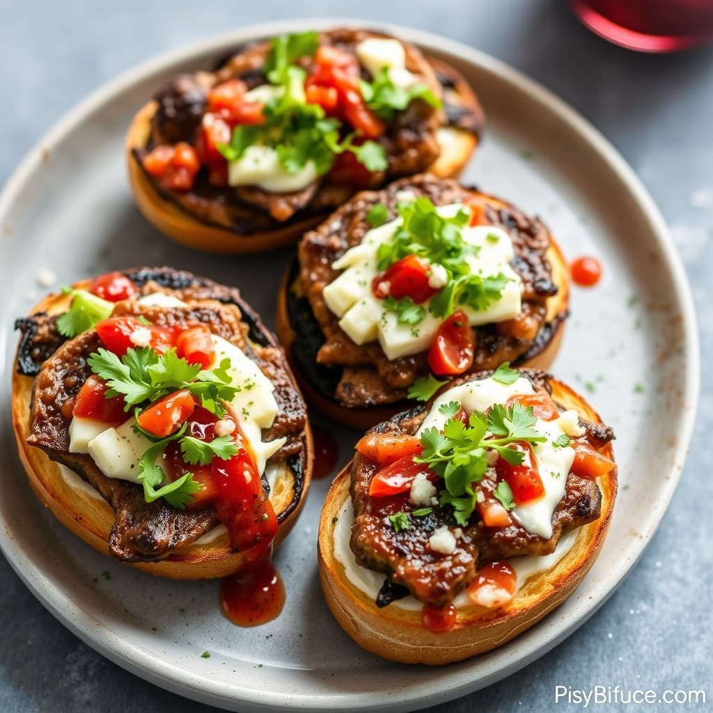 Portobellosteak med bruschetta, gorgonzolasmør og rød pepper-vinaigrette