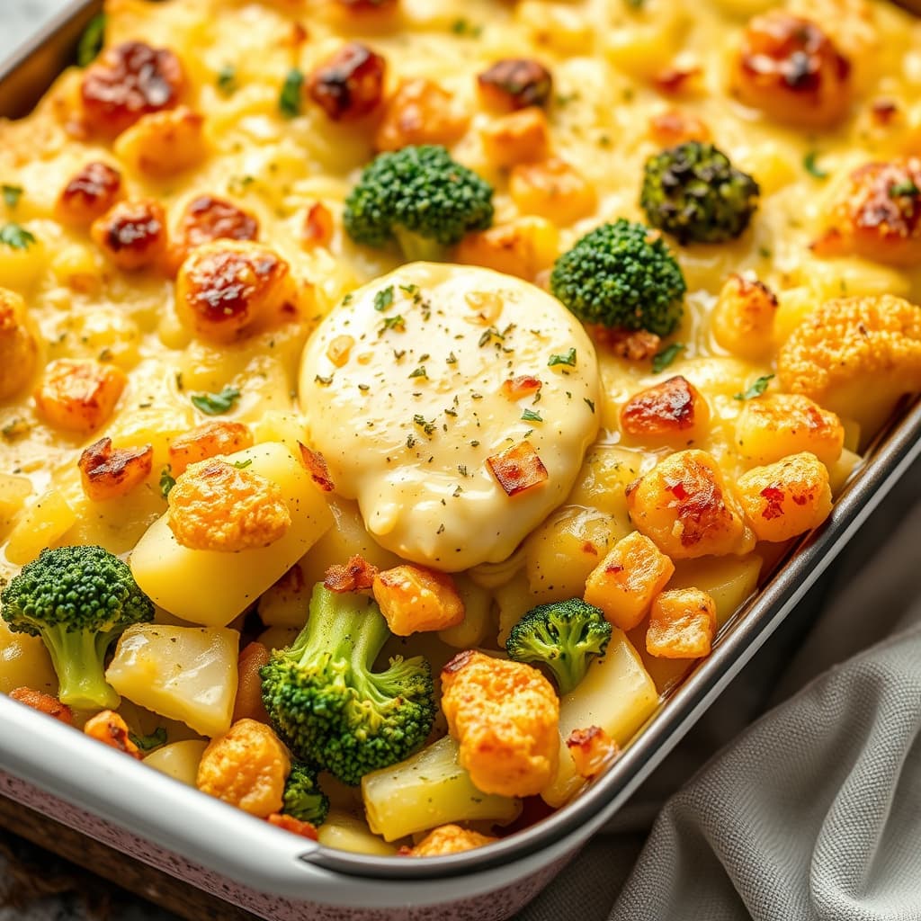 Potet-, blomkål- og brokkoligrateng med Welsh Rarebit-topp