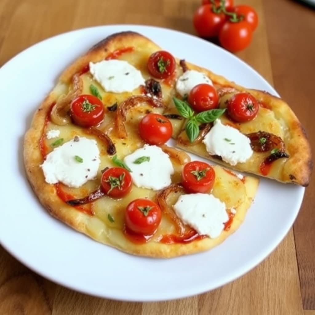 Potet, geitost, karamellisert løk og cherrytomats pizza