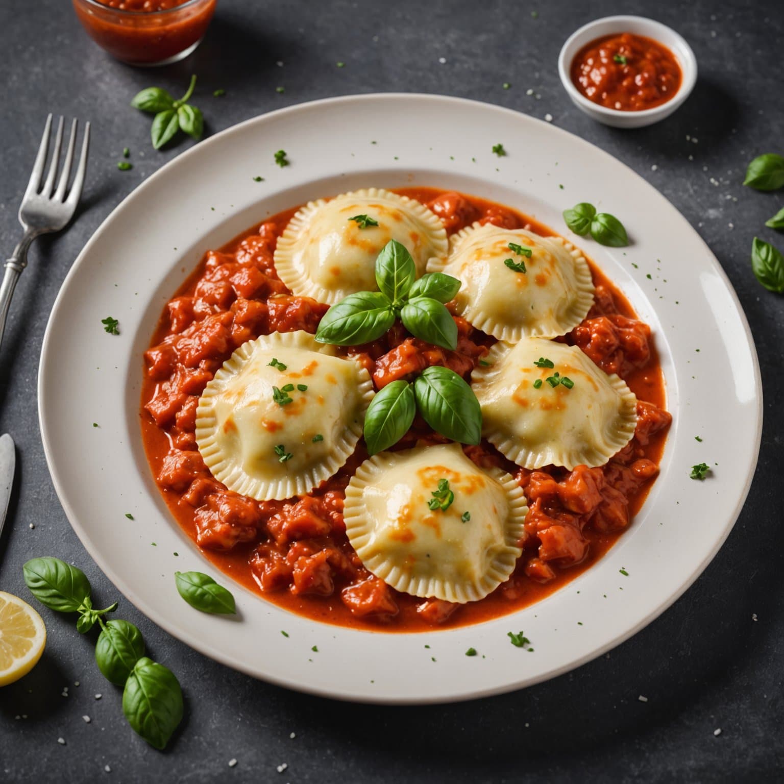 Potet- og ostefylte ravioli med fersk tomatsaus