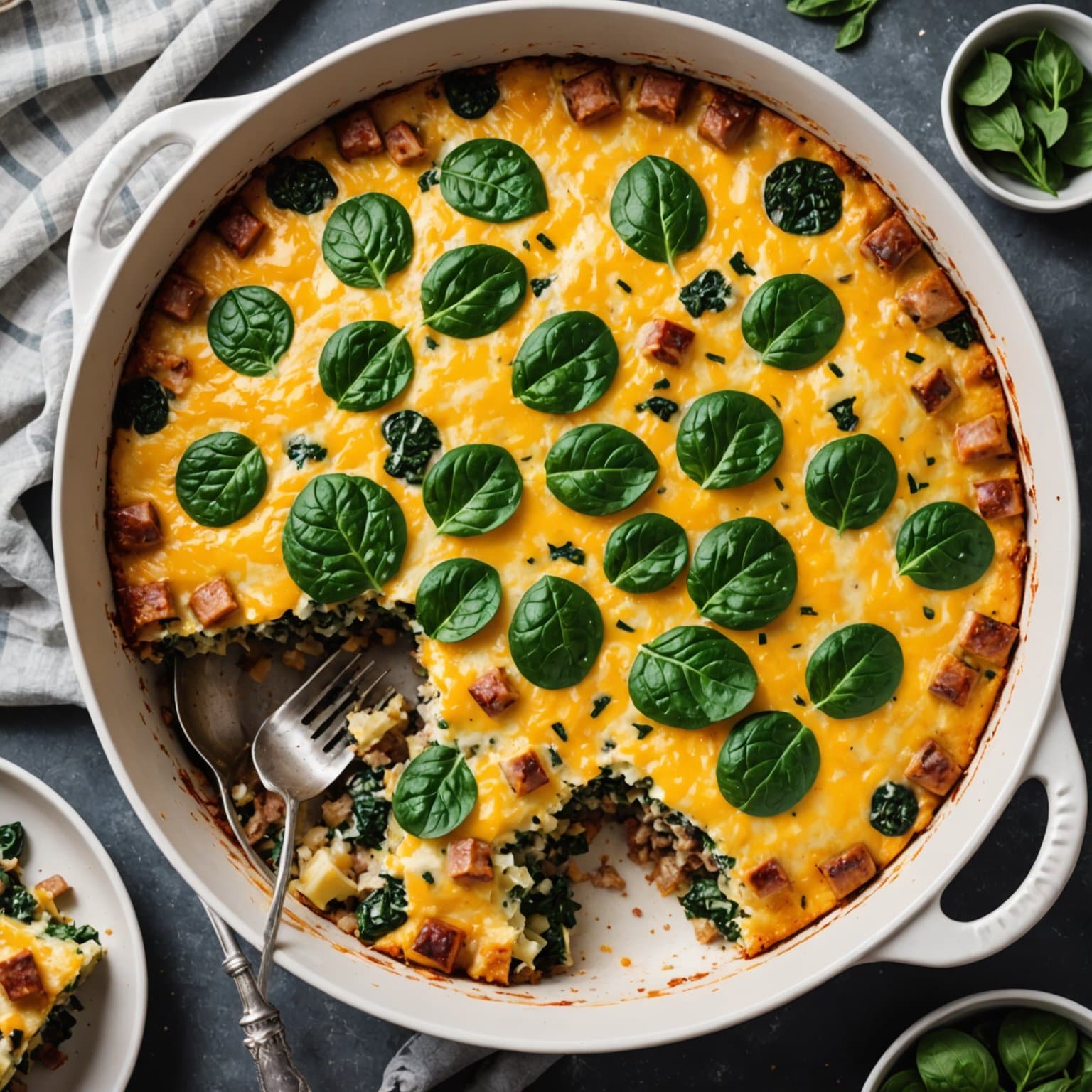 Potet-, pølse- og spinatfrokostgrateng