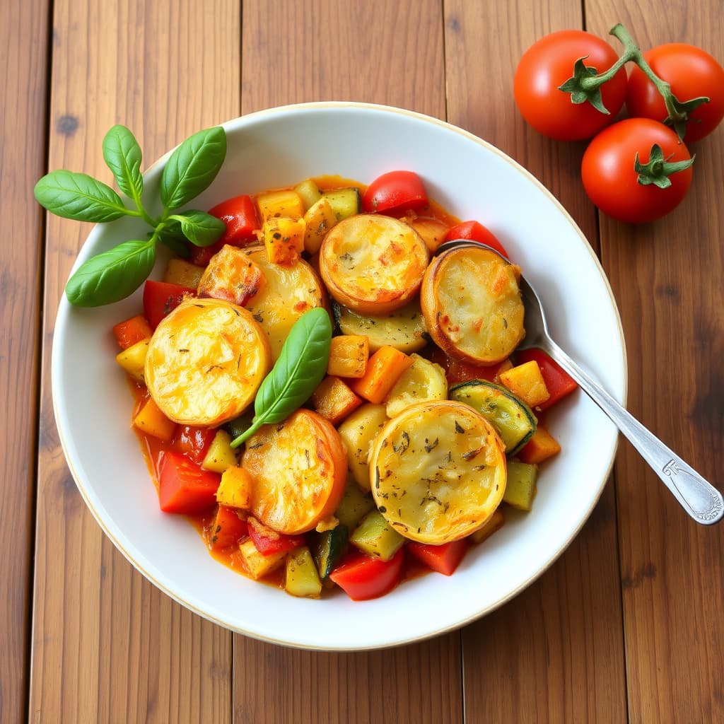 Potet-, squash- og tomatgrateng