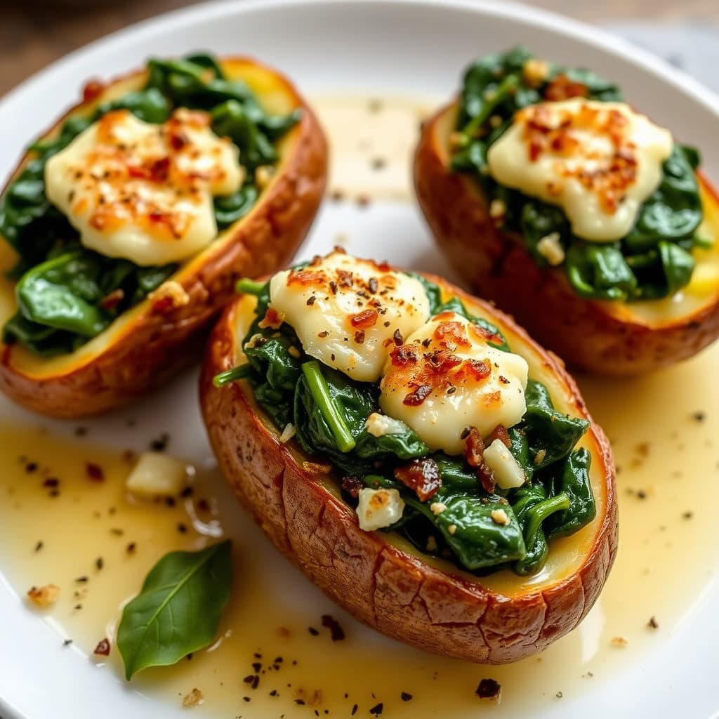 Poteter fylt med spinat og røykost