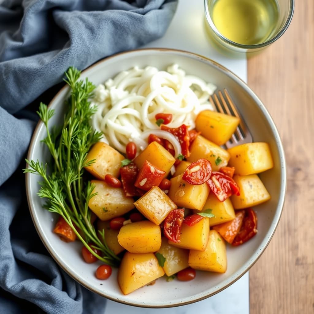 Poteter med chorizo og løk