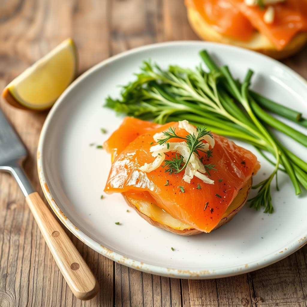 Poteter toppet med røkt laks og fennikel