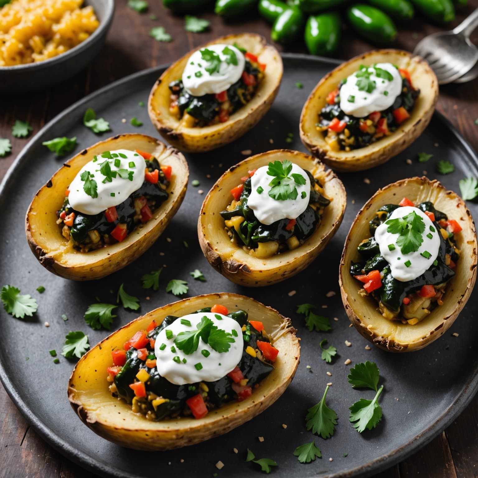 Potetfylte poblanos med omvendte potetskinn