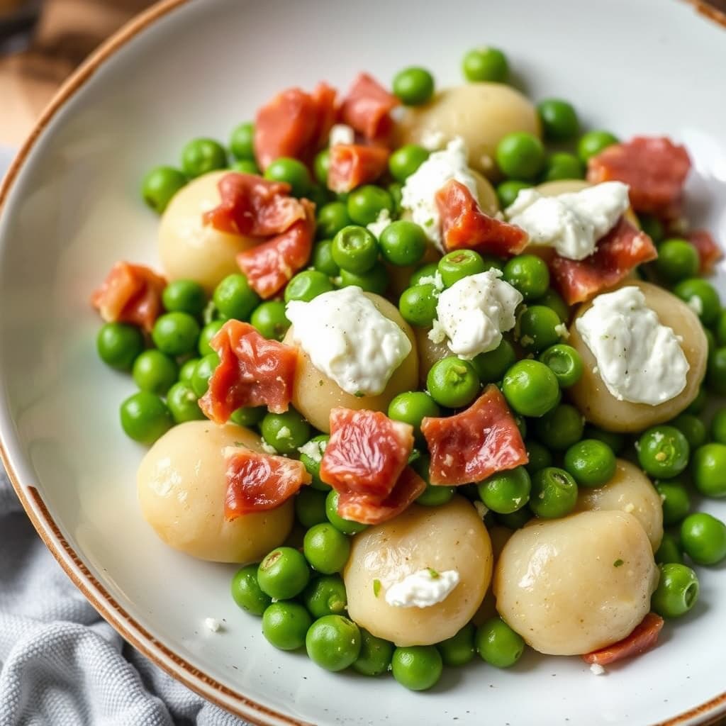 Potetgnocchi med erter, prosciutto og ricotta