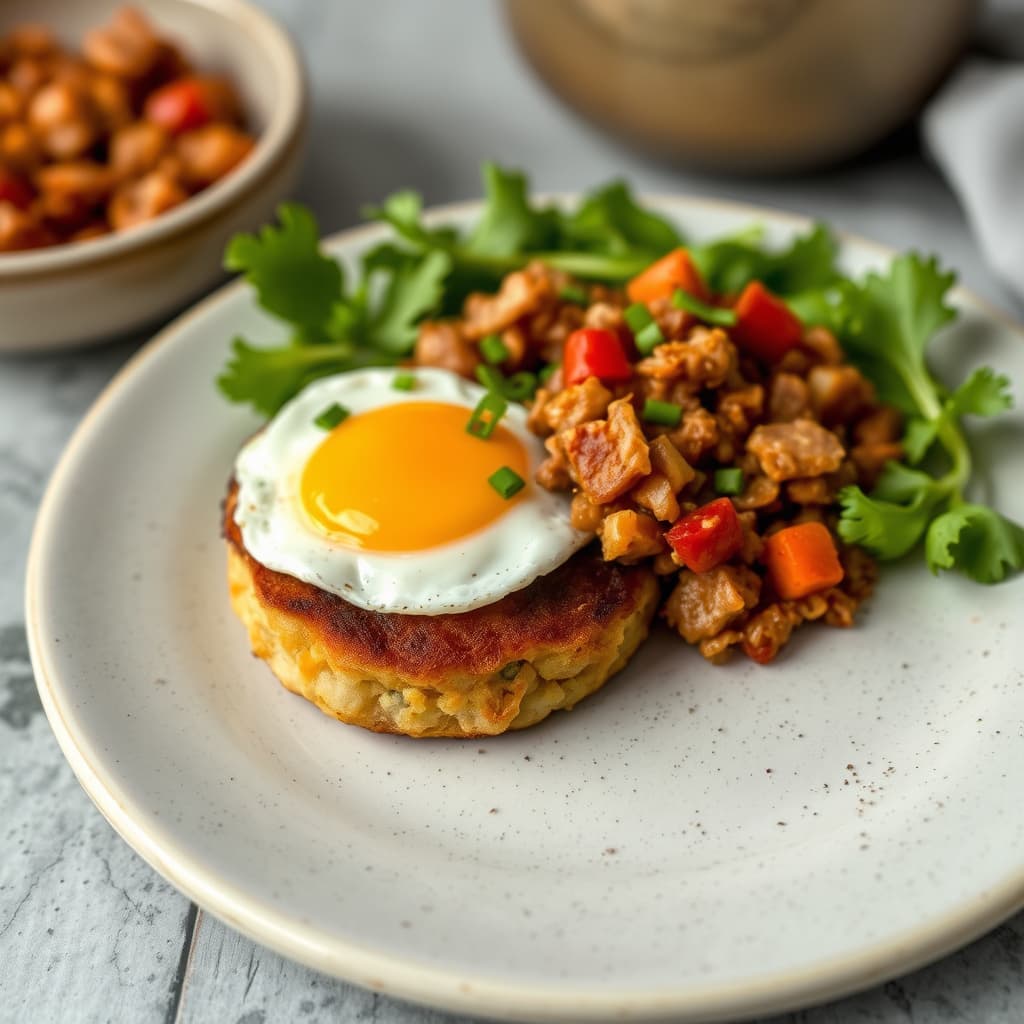 Potetkaker med stekte egg og kalkun- og rødpepperhash