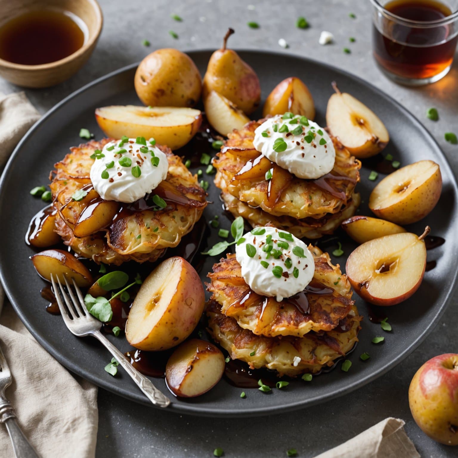 Potetlatkes med karamelliserte pærer, geitost og sherryeddik-dressing