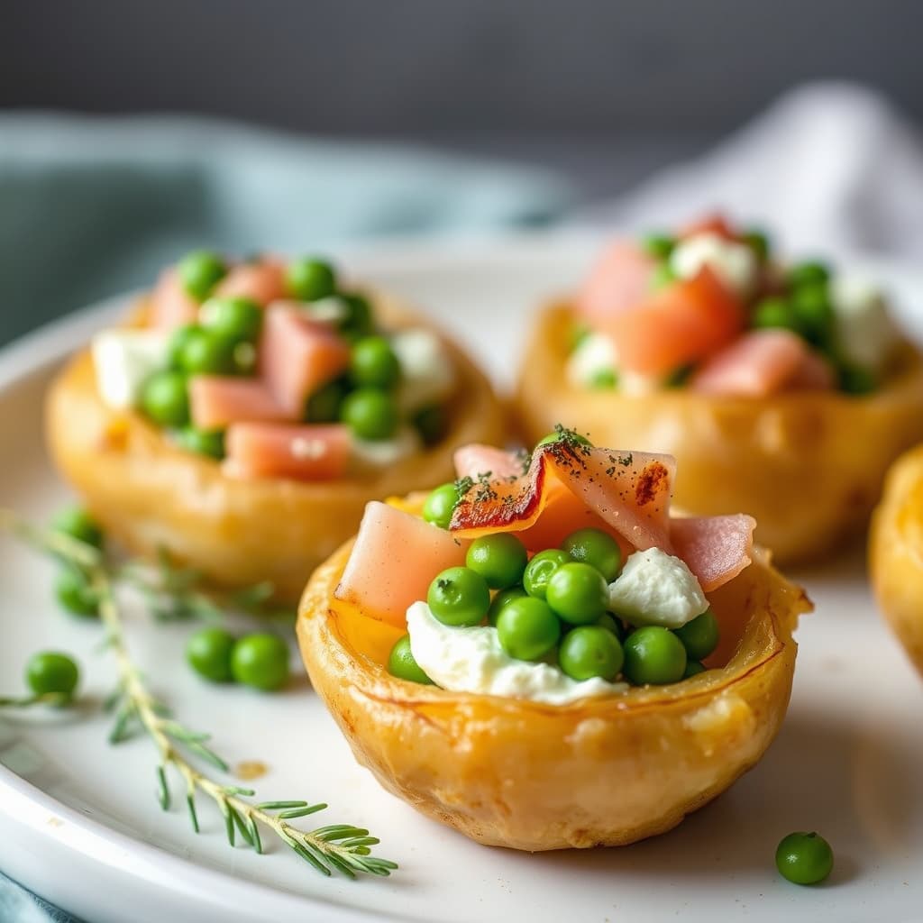 Potetnester med erter, skinke og kremost