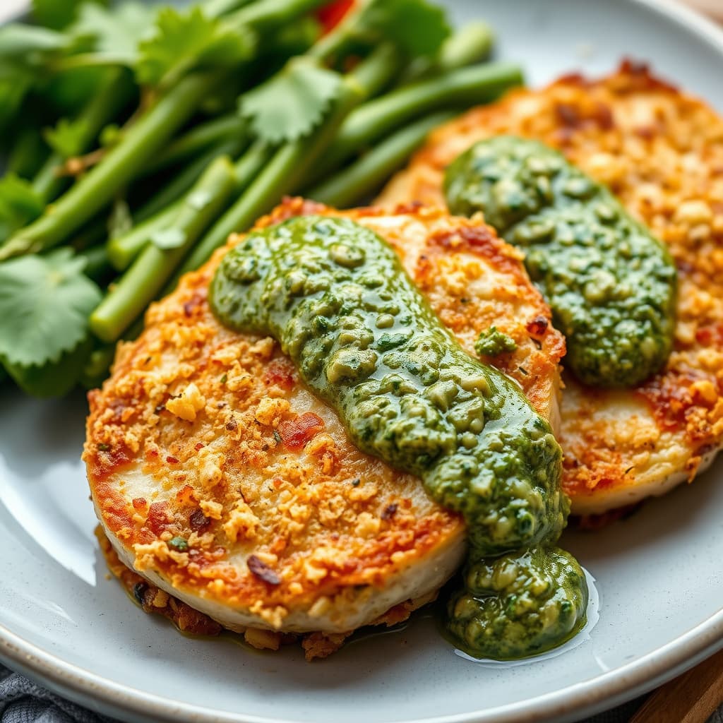 Potetpanerte svinekoteletter med pestosaus