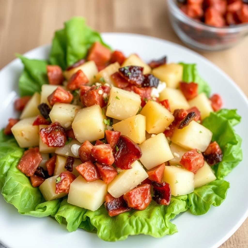 Potetsalat med bacon og romainesalat