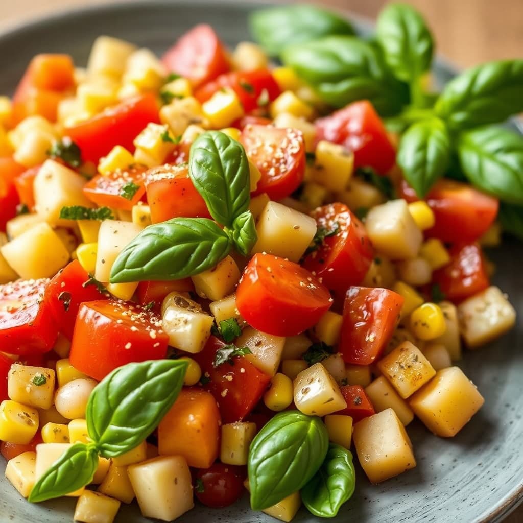 Potetsalat med tomat, mais og basilikum