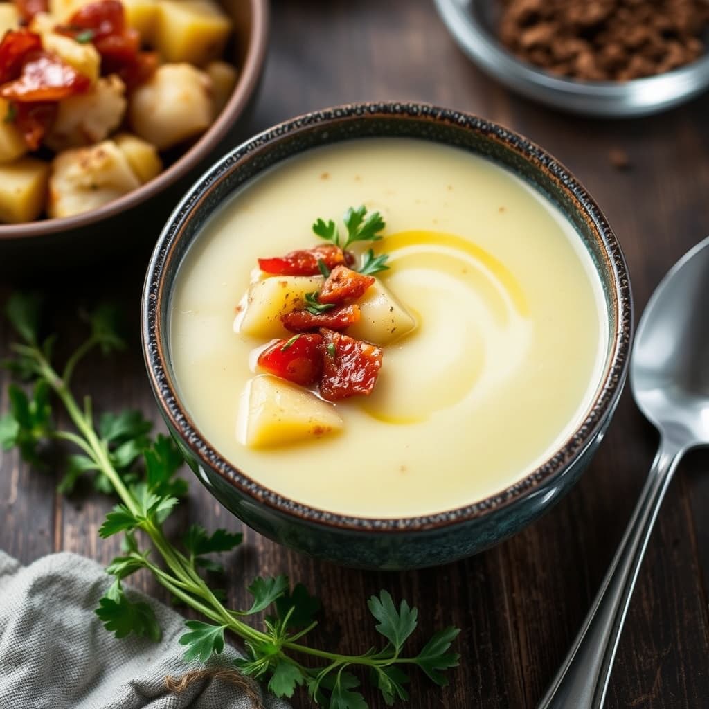 Potetsuppe med blomkål og pastinakk, servert med pancetta- og potethash