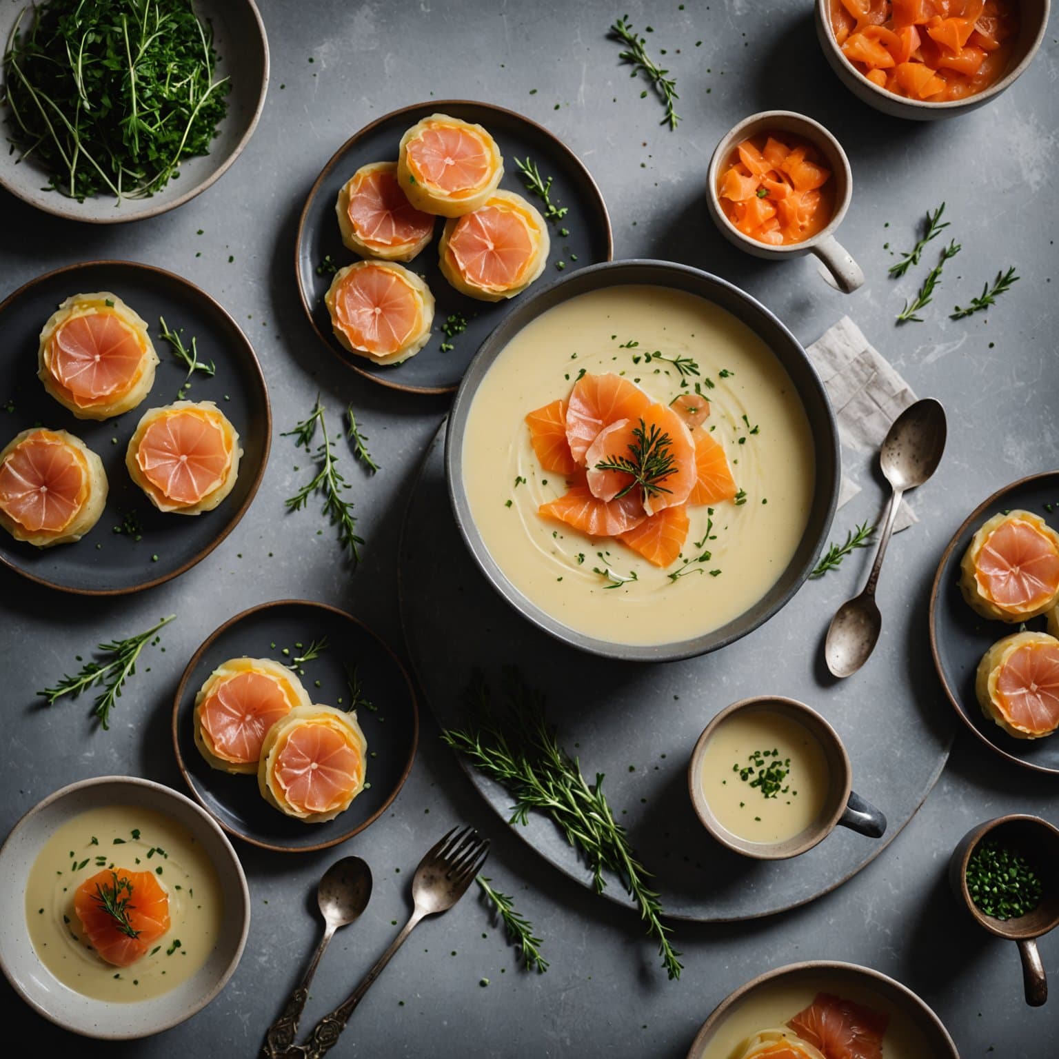 Potetsuppe med gravlaksrosetter