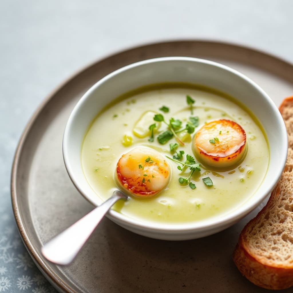 Potetsuppe med purre og vannkresse, servert med bay scallops