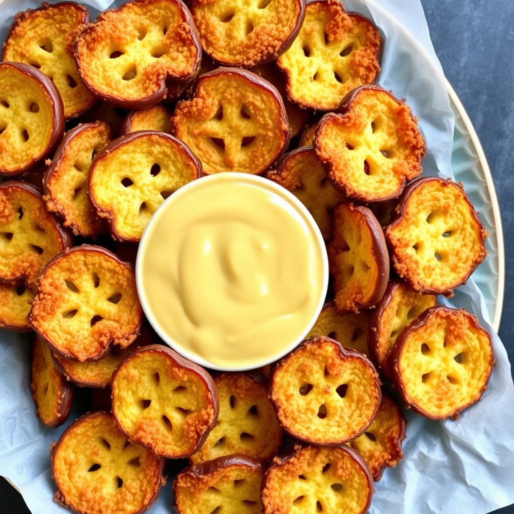 Pretzel-innbakt sylteagurkchips med sennepssaus