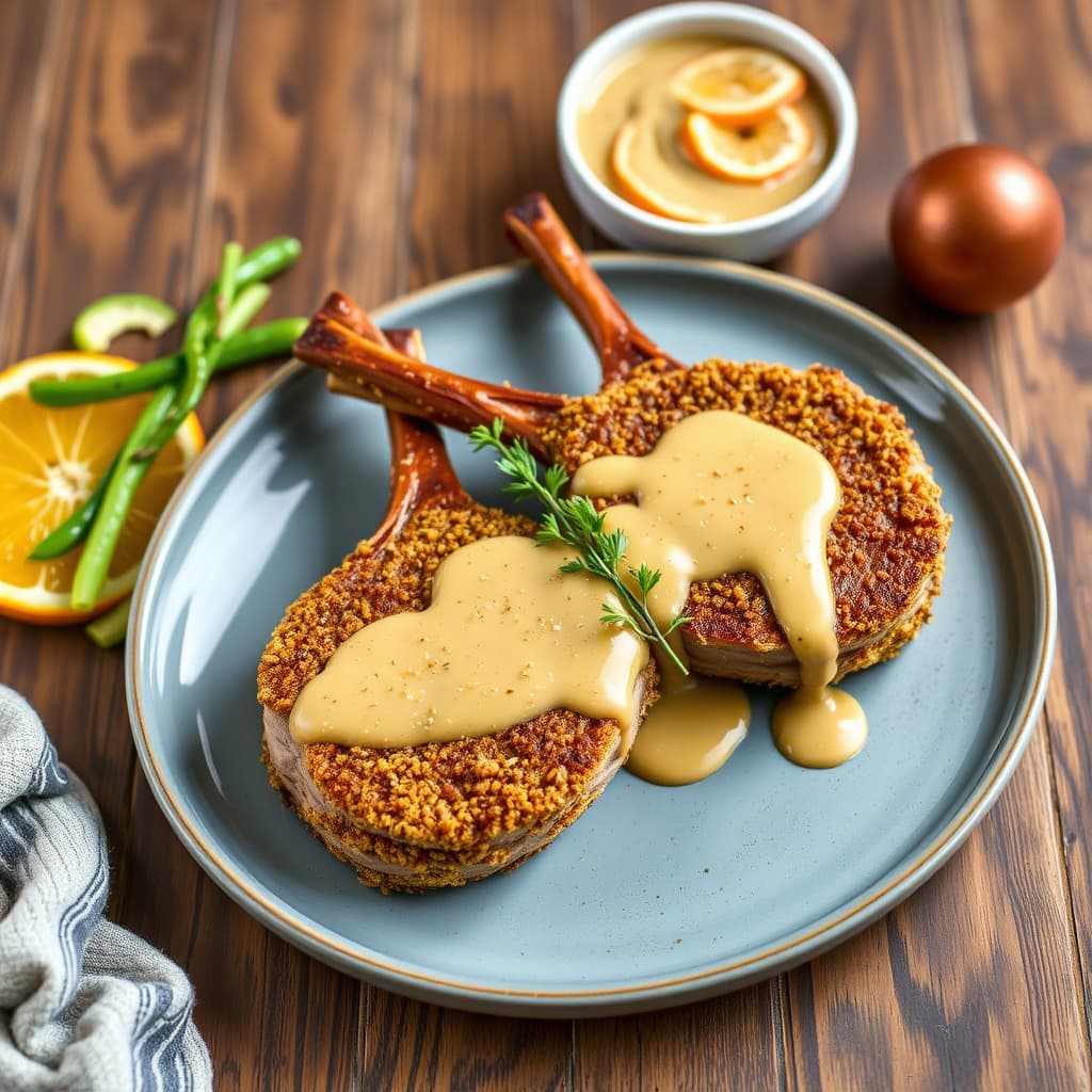 Pretzel-omslåtte svinekoteletter med appelsin- og sennepssaus