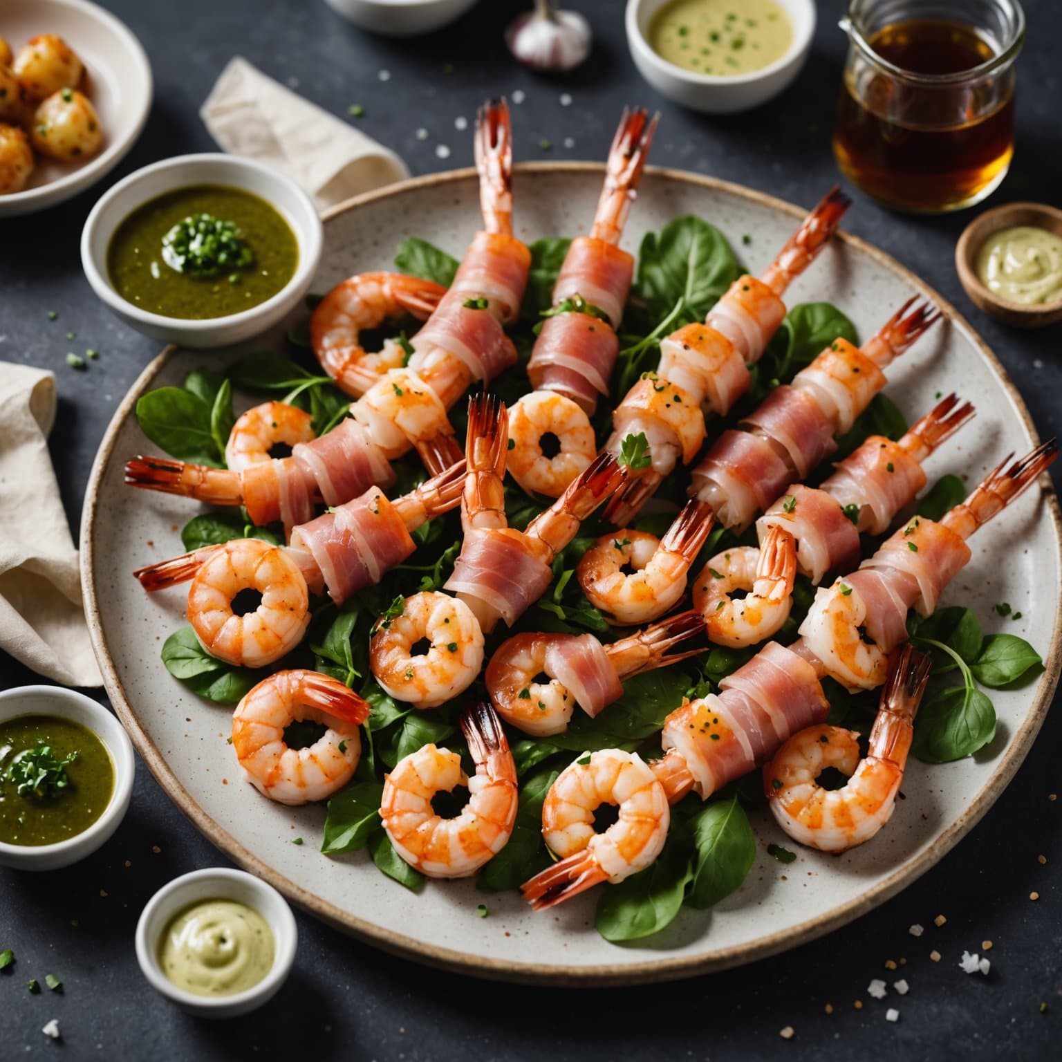 Prosciutto-innbakt reke med hvitløksdipp