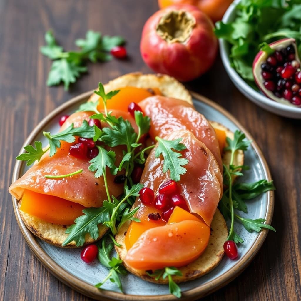 Prosciutto med kaki, granateple og ruccola