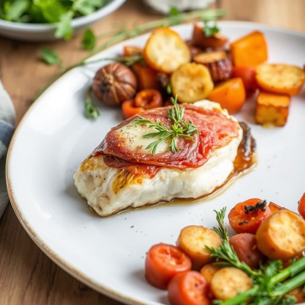 Prosciutto-ovnsbakt bass med høstgrønnsaker