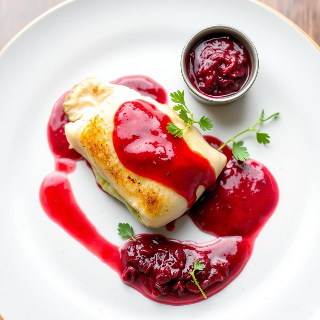 Purreløkinnpakket pompano med ovnsbakt rødbetesaus