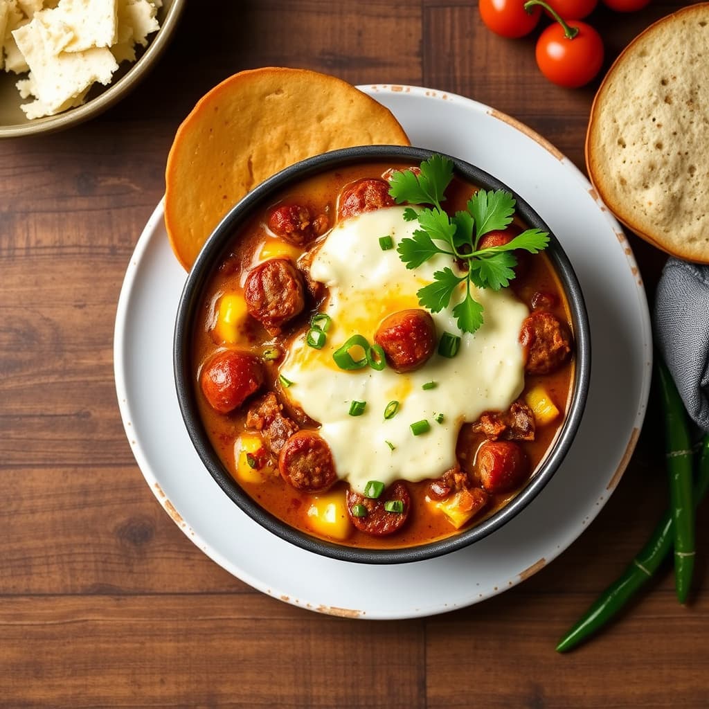 Queso Fundido med pølse og chipotle-chili
