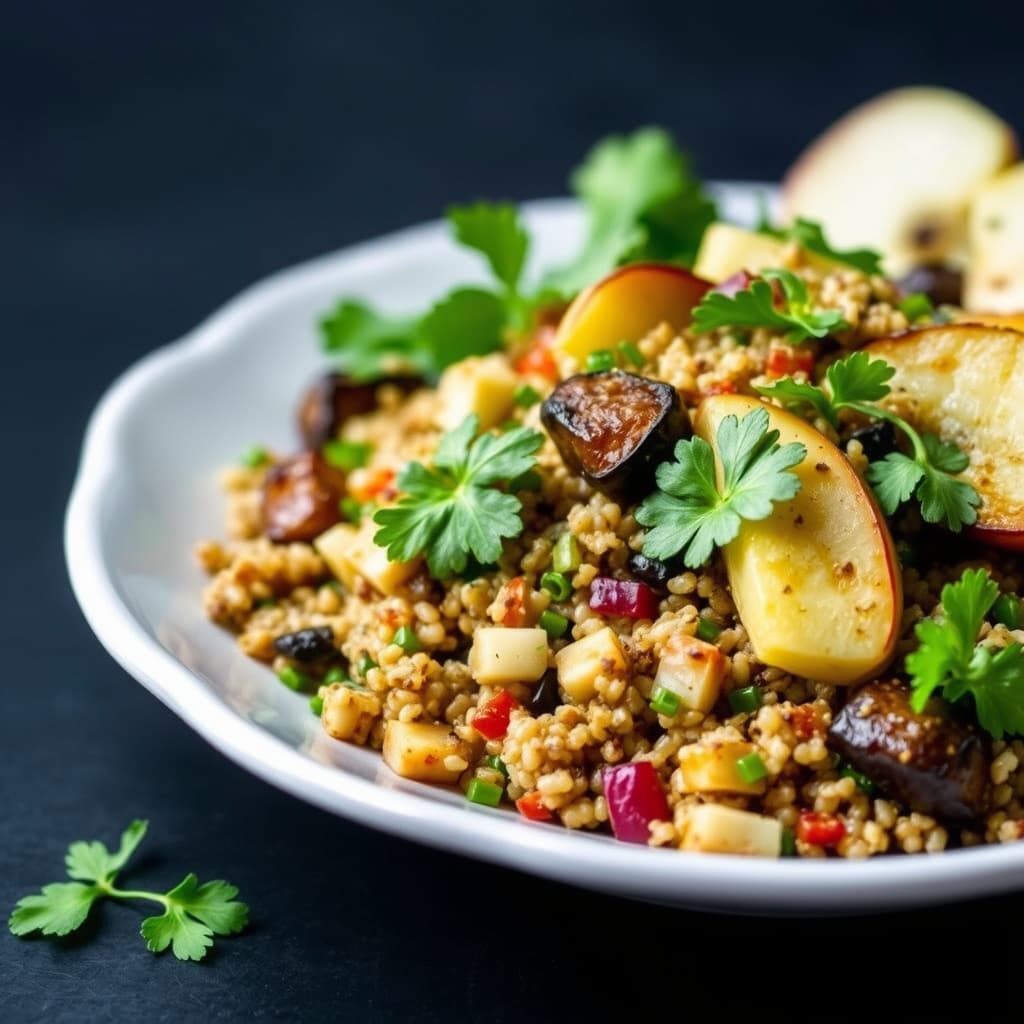 Quinoa, ovnsbakt aubergine og eplesalat med spisskummenvinaigrette