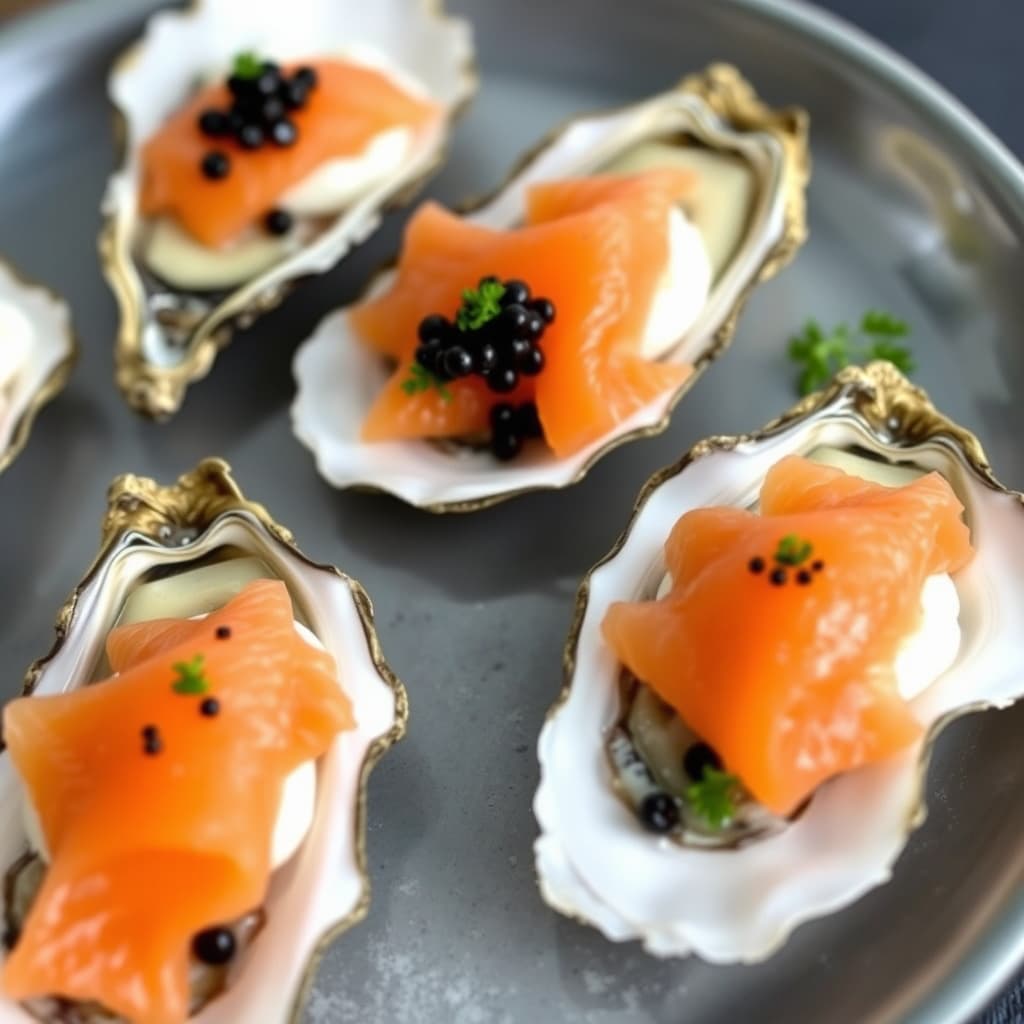 Rå østers med røkelaks og kaviarkrem