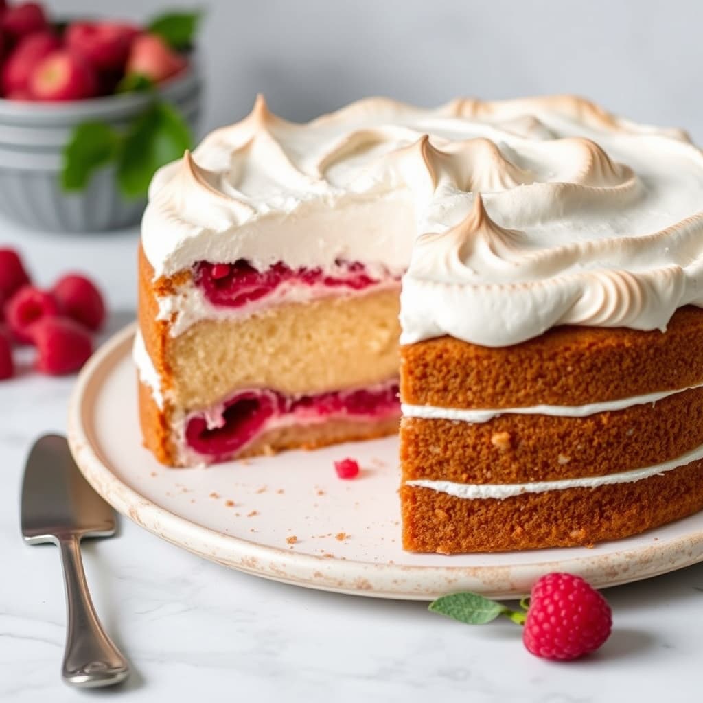 Rabarbra- og bringebærmarengskake