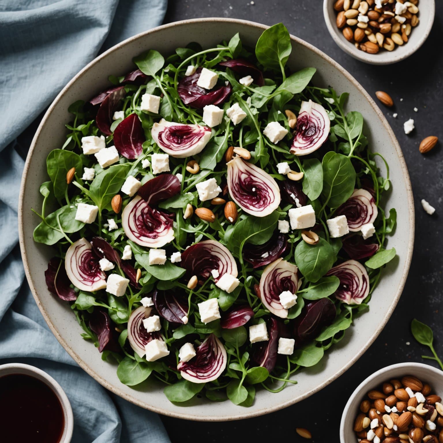 Radicchio- og ruccolasalat med dadler, hasselnøtter og feta