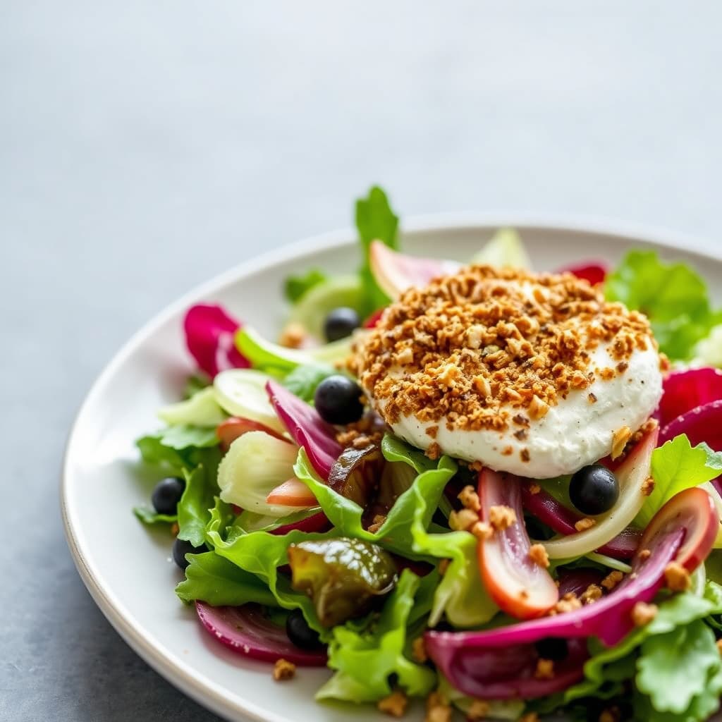 Radicchiosalat med svart olivenvinaigrette og mandelpanert geitost
