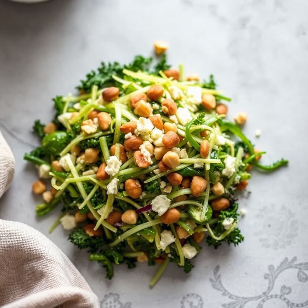 Råkost av skåldede rosenkål og grønnkål med pecorino og ristet hasselnøtt