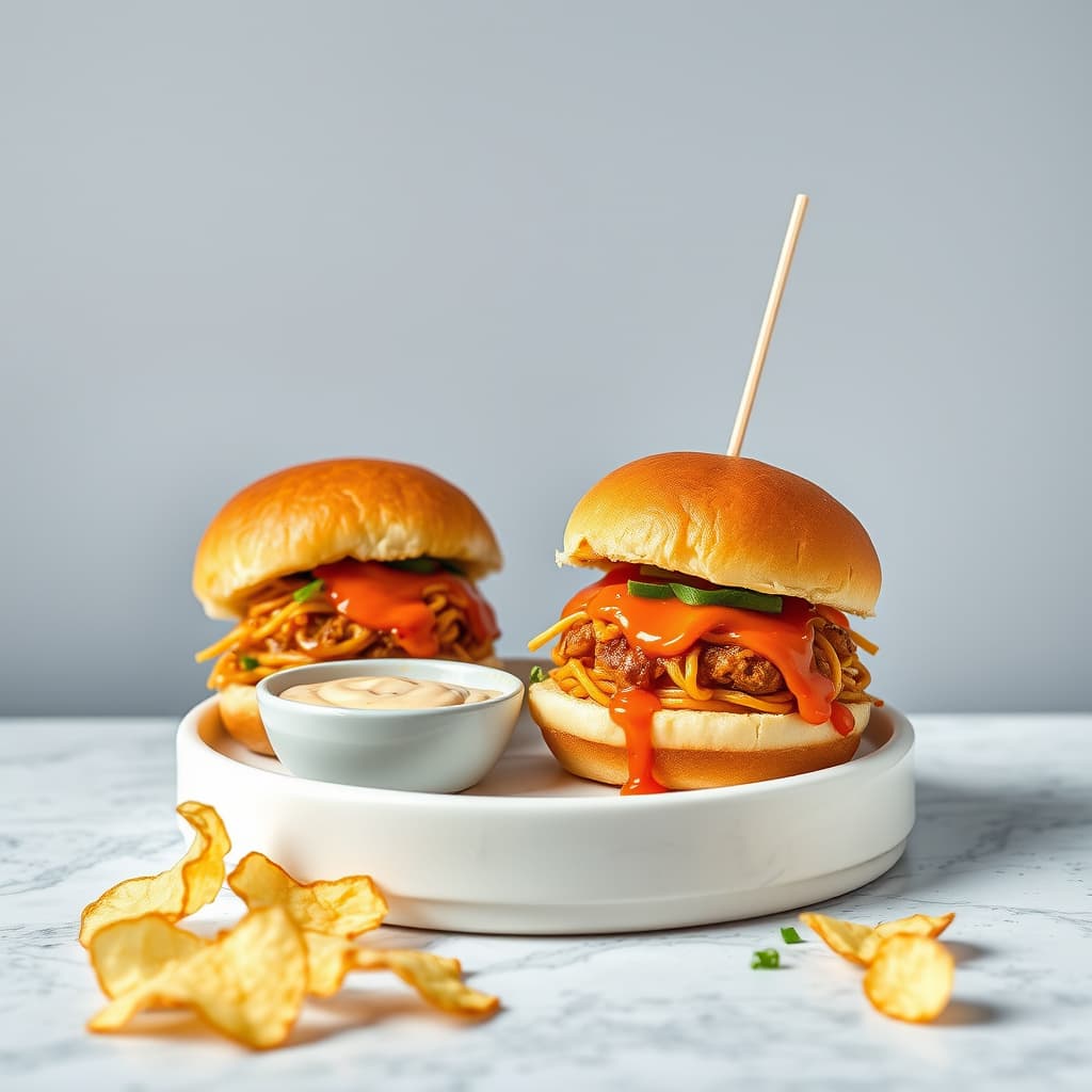 Ramen Sliders og Kimchi Ketchup med Potetgull og Sriracha Aioli