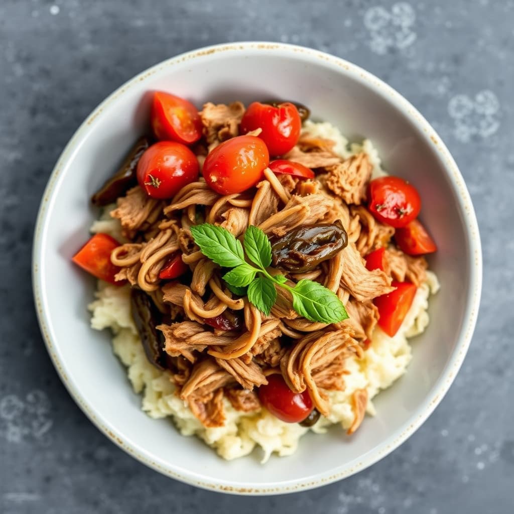 Rånet svinekjøtt med ovnsbakte tomater og chipotle-chili