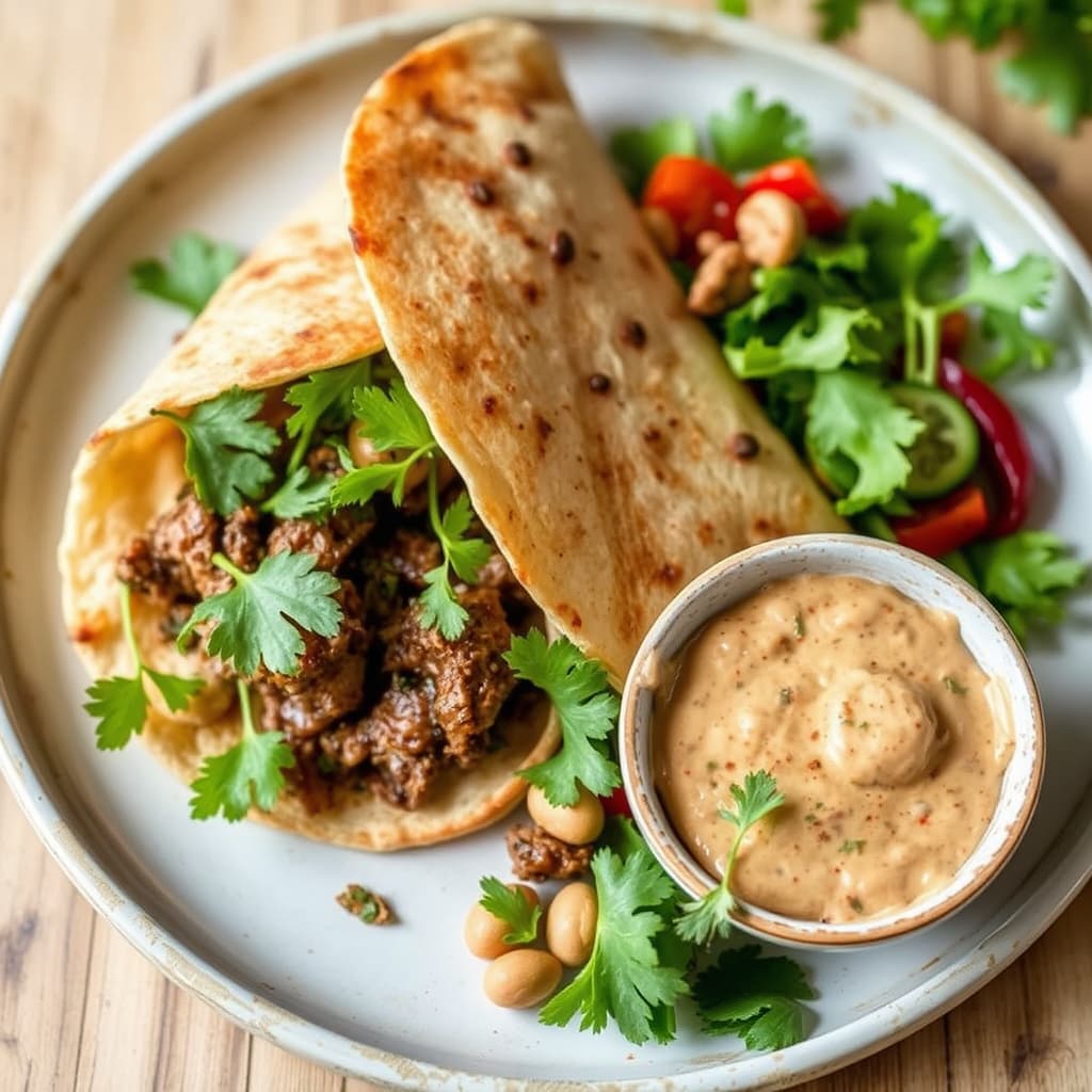 Ras El Hanout-marinerte lamshawarma med rød peppers- og valnøtttahini-saus