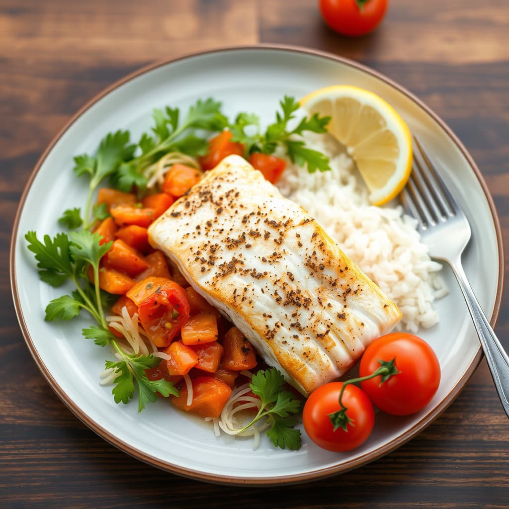 Rask og enkel tallerken med kokt fisk paillard med ingefær, hvitløk og tomater