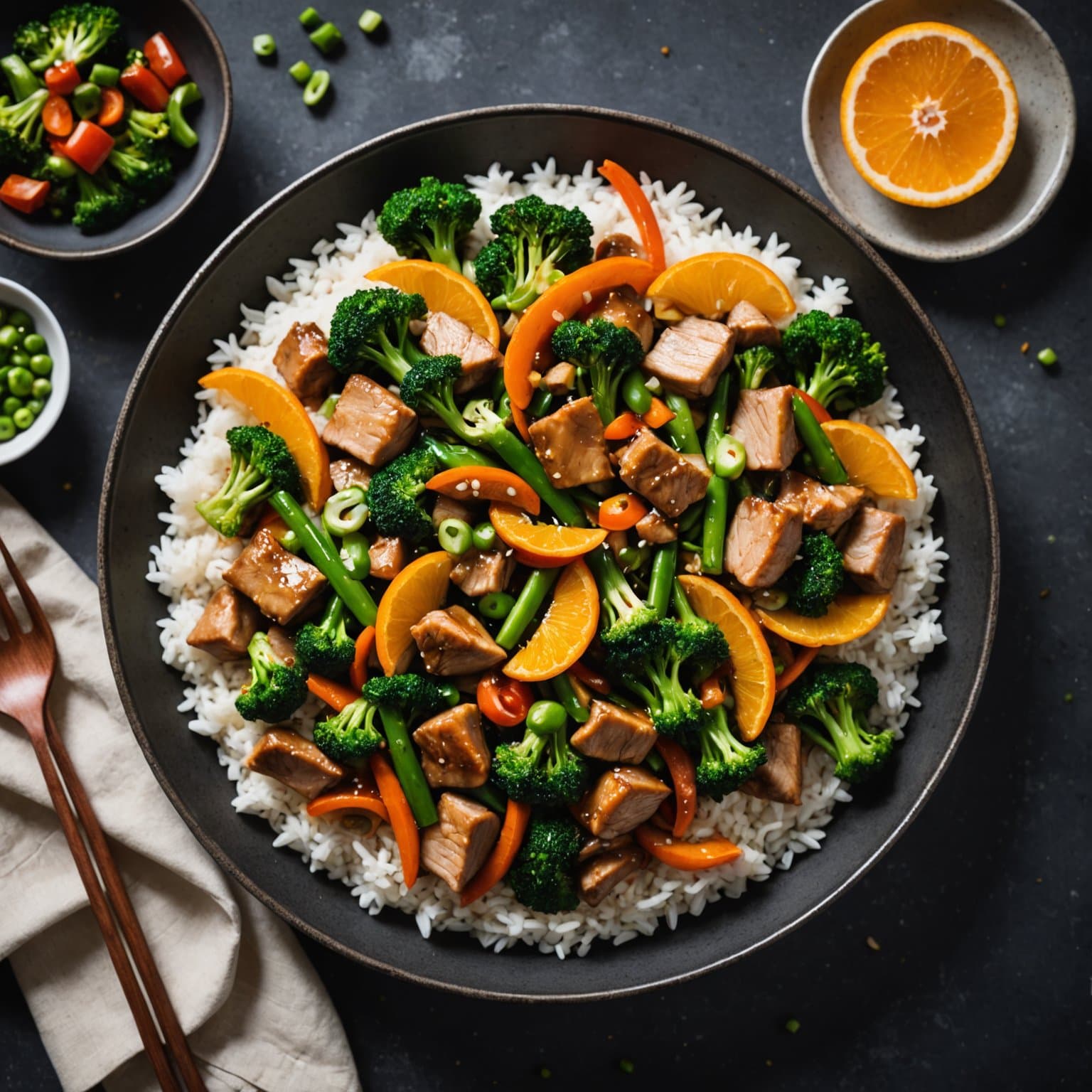 Rask stekt orange svinekjøtt med grønnsaker