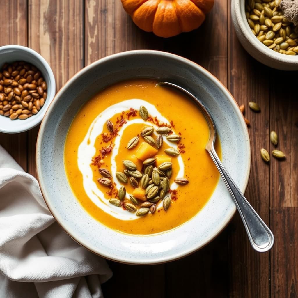 Rask vintergresskarsuppe med krydrede, ristet gresskarkjerner