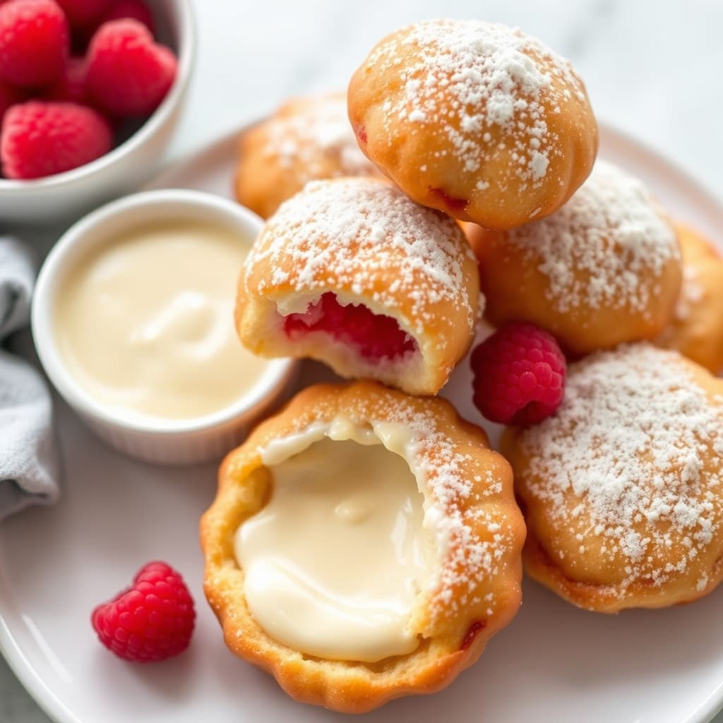 Raspberry Beignets med vaniljedippsaus
