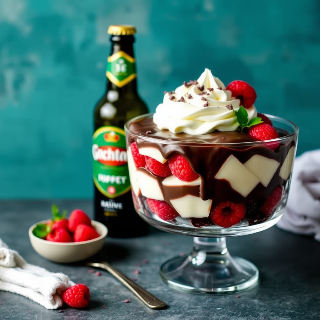 Raspberry Porter Trifle med sjokoladeganache og pisket krem