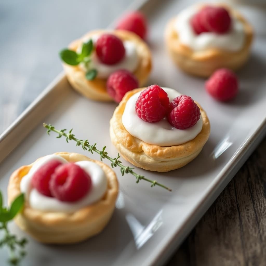 Raspberry Puffs med geitostmousse og timian