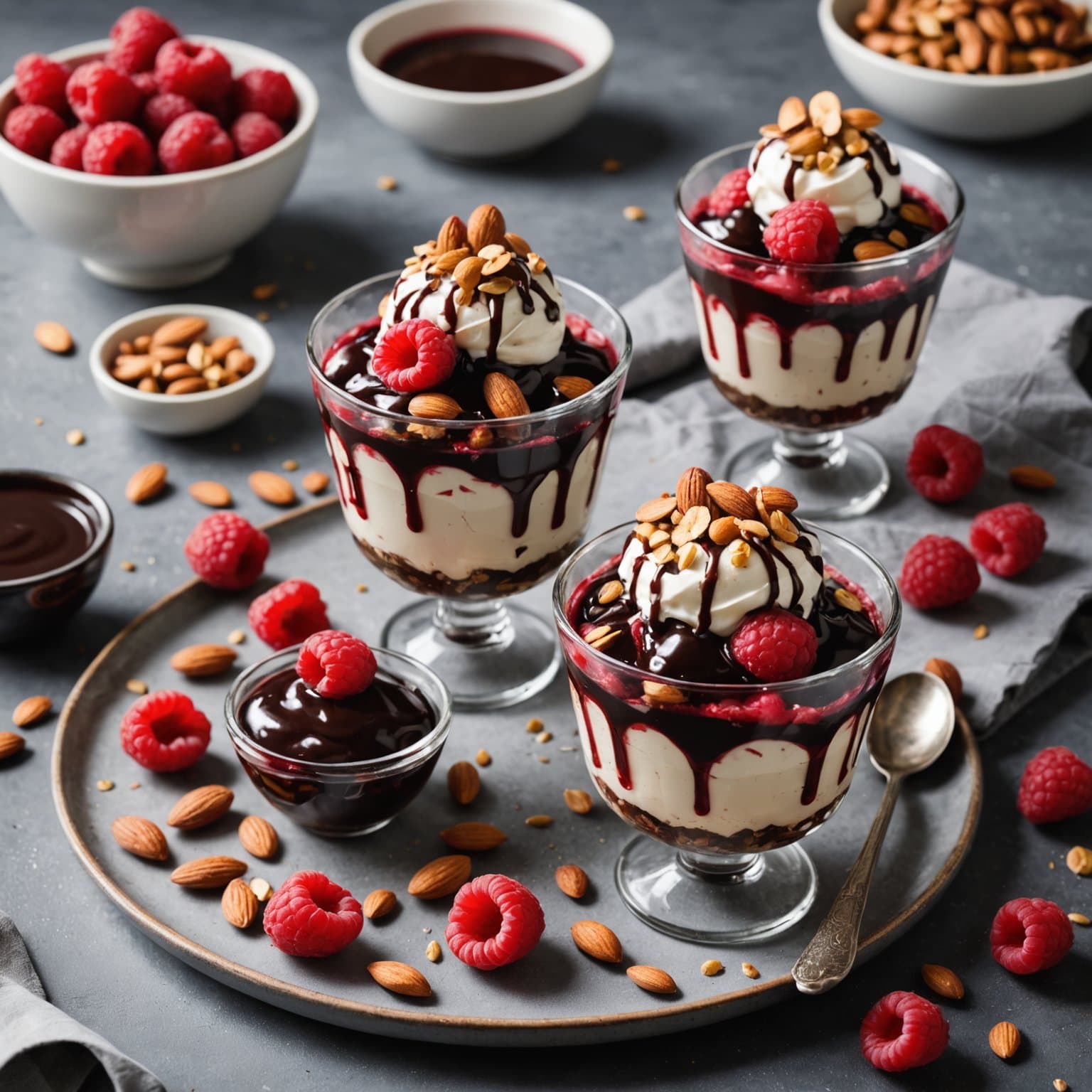 Raspberry-sundae med sjokoladesaus og ristede mandler