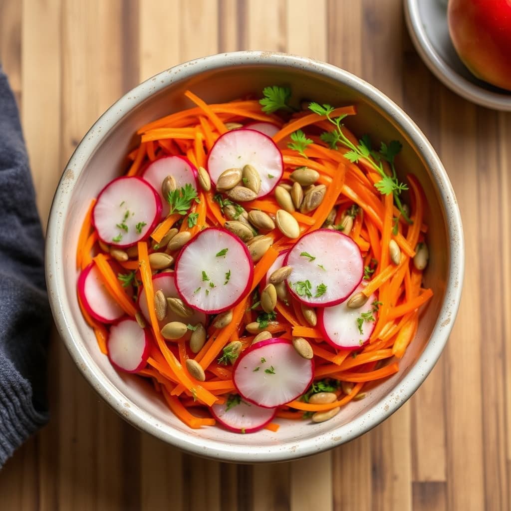 Raspede gulrøtter og reddiksalat med urter og gresskarkjerner