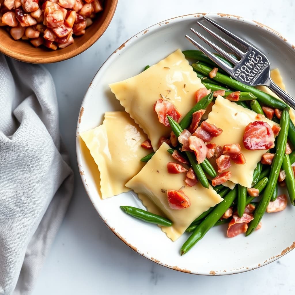 Ravioli med grønne bønner og prosciutto