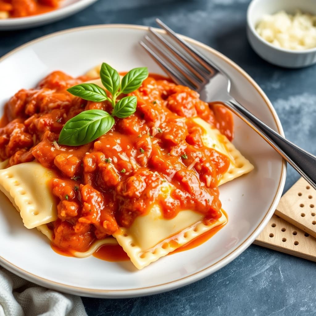 Ravioli med kremet tomatsaus